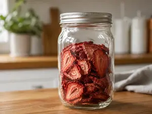 Dried strawberry slices loosely packed in a clear Mason jar for the 7–10-day conditioning period.