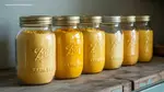 Row of mason jars filled with bright yellow dehydrated powdered eggs for long-term storage
