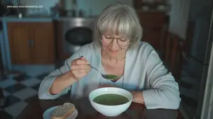 Woman enjoying a bowl of velvety green pea soup at the kitchen table with bread on the side