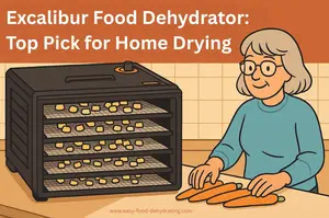 Cartoon image of a woman prepping carrots beside an Excalibur food dehydrator, with diced food inside the trays.
