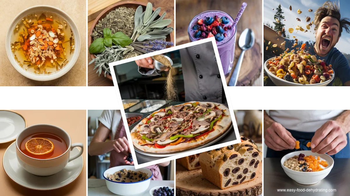 Collage showing creative ways to use dehydrated food in soups, smoothies, teas, breads, and main dishes