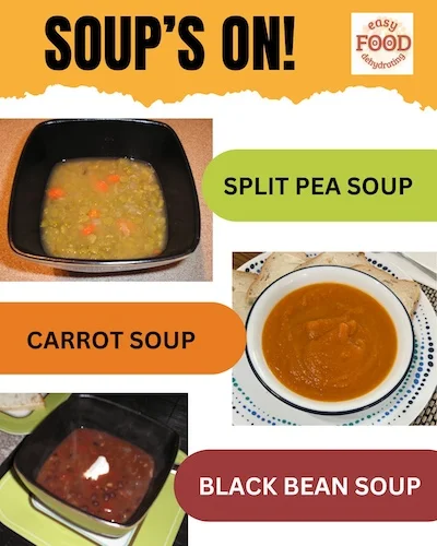 Lentil soup, Carrot soup, and Black Bean soup Lentil soup, Carrot soup, and Black Bean soup