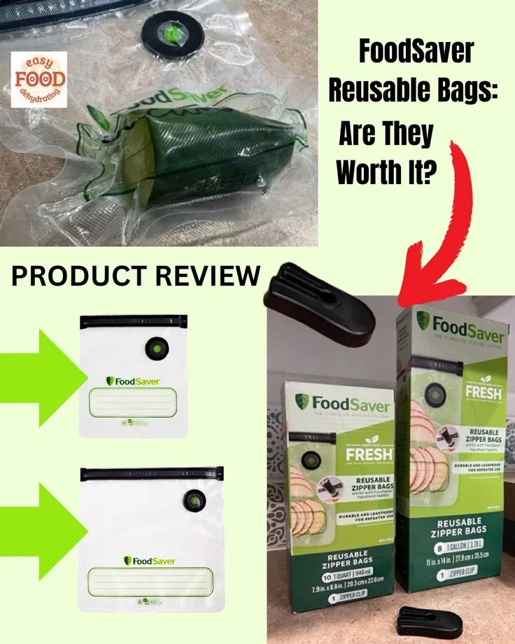 FoodSaver reusable bags review collage with bags, boxes, sealer tool, and soggy cucumber.