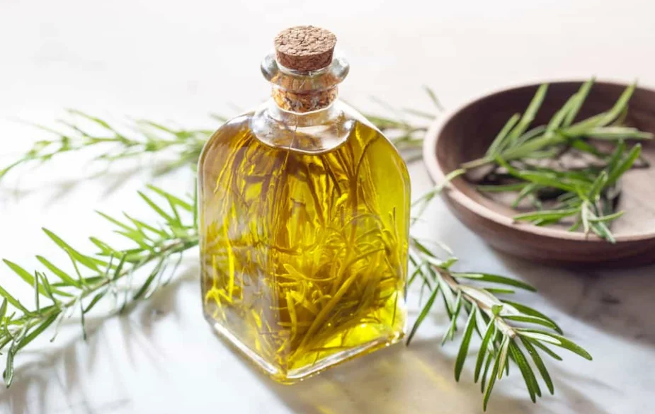 Rosemary-infused oil in a bottle with a sprig of rosemary behind it