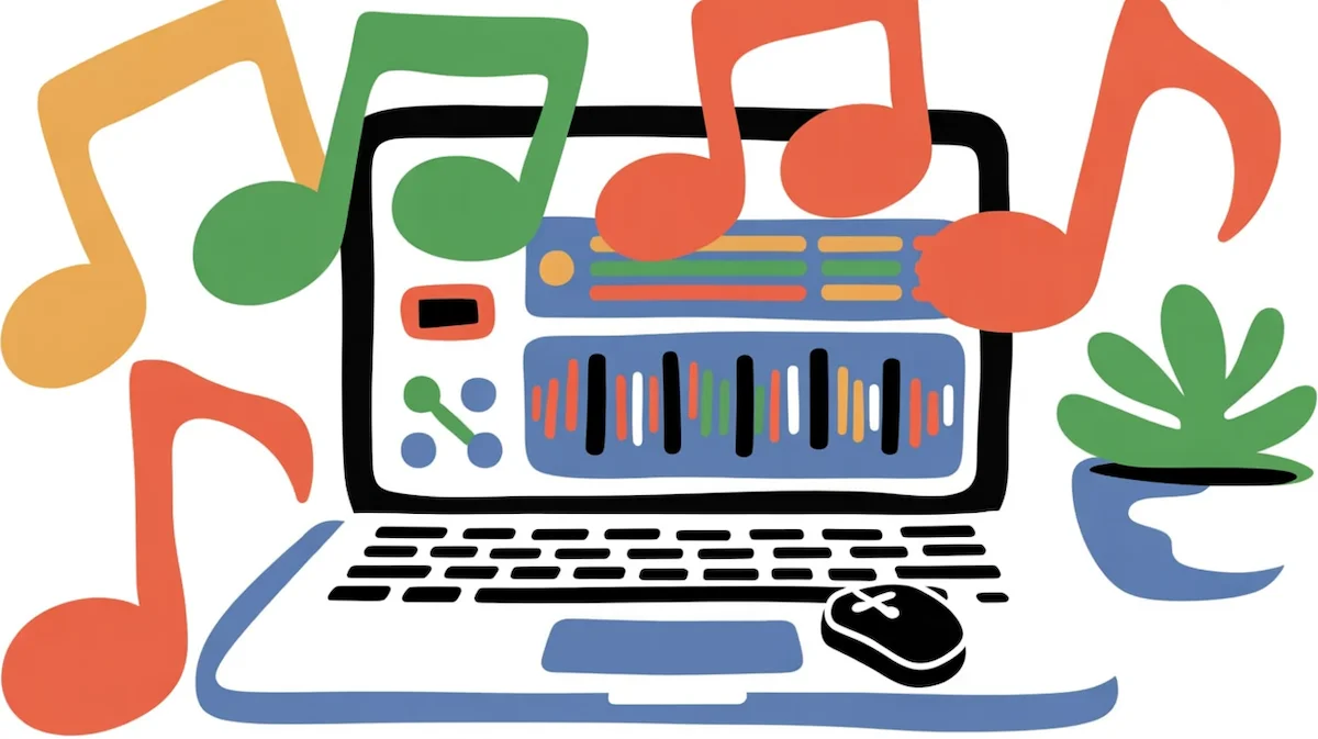 Aitubo Music Maker – Create Songs and Sounds with AI Laptop screen showing music creation software with colorful notes, symbolizing Aitubo Music Maker