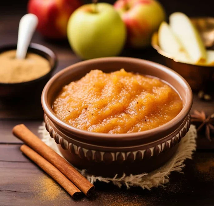 Apple sauce in a dish, with cinnamon sticks