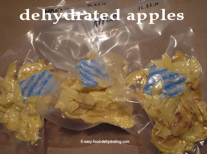 Dehydrated apples in food vacuum-sealer bags with 100cc oxygen absorbers added Dehydrated apples in food vacuum-sealer bags with 100cc oxygen absorbers added