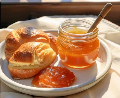 Apricot jam, French croissant on a plate Apricot jam, French croissants on a plate