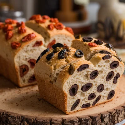 Artisan loaves of bread with black olives, sundried tomatoes