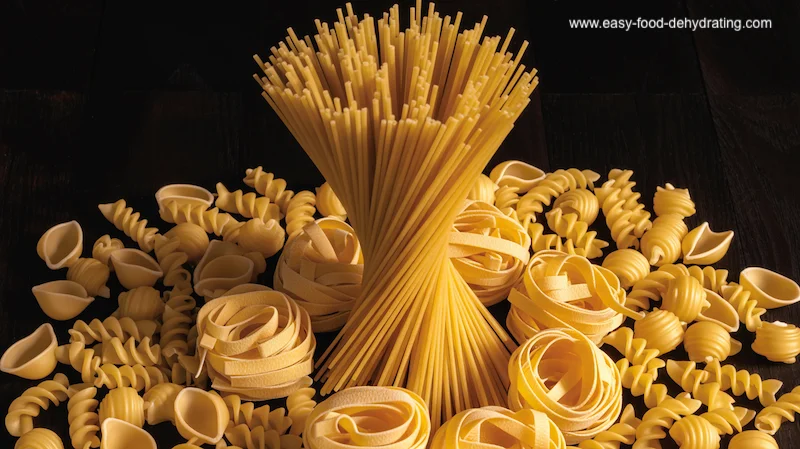 Assorted dry pasta shapes beautifully arranged on a dark background Variety of dry pasta shapes including spaghetti, fettuccine nests, shells, and rotini arranged on a dark wooden surface