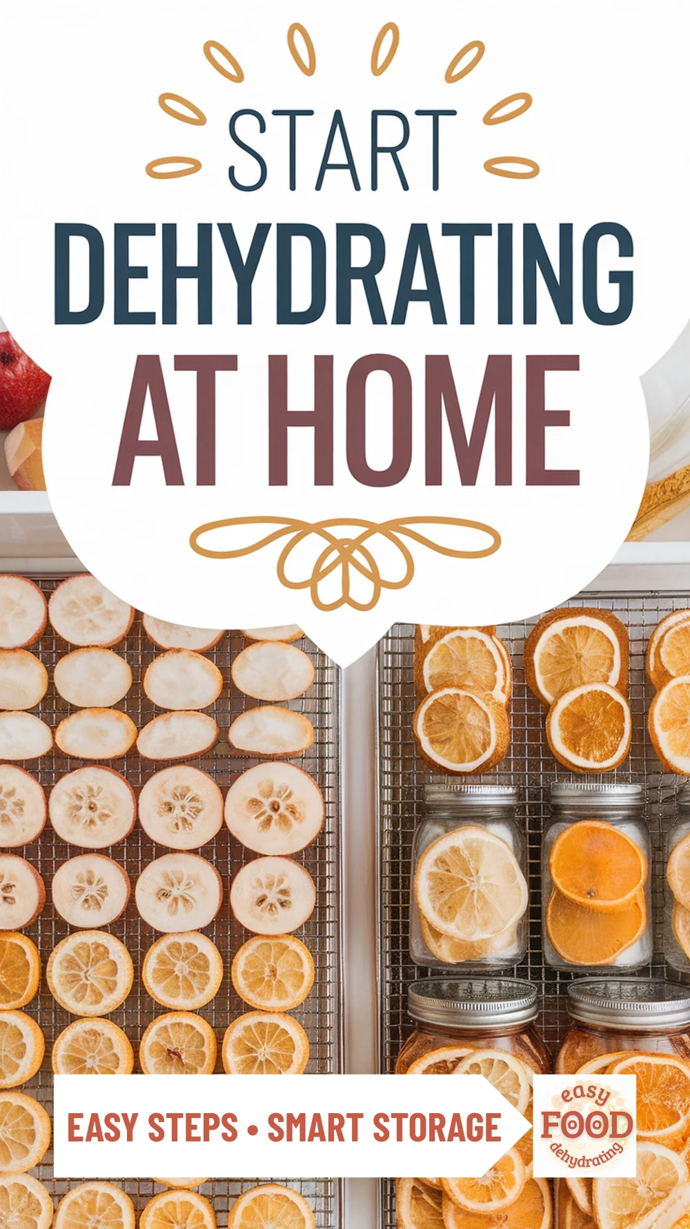 Fresh fruit slices on dehydrator trays with Mason jars of dried fruit, showing beginner-friendly dehydrating food and storage ideas.