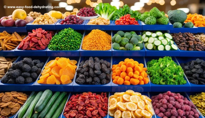 A variety of dried fruits and vegetables arranged in a colorful and appealing display, showcasing the benefits of dried food for health A variety of dried fruits and vegetables arranged in a colorful and appealing display, showcasing the benefits of dried food for health