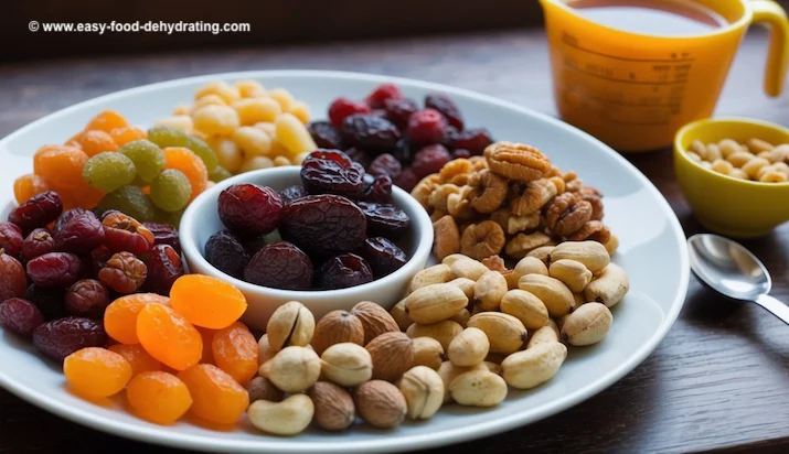 A colorful array of dried fruits and nuts arranged in portioned sizes on a plate, with a measuring cup and spoon nearby A colorful array of dried fruits and nuts arranged in portioned sizes on a plate, with a measuring cup and spoon nearby