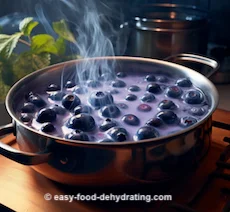 Blueberries blanching in boiling water in a pan