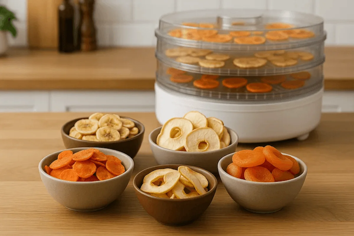 Bowls of dried bananas, apples, apricots, and mango slices in front of a round food dehydrator