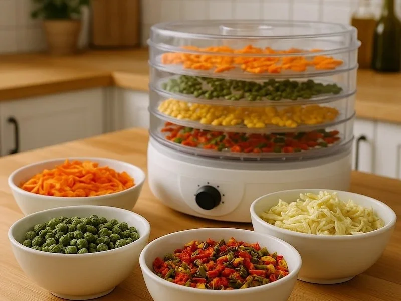 Bowls of dried carrots, peas, onions, and mixed vegetables in front of a round food dehydrator