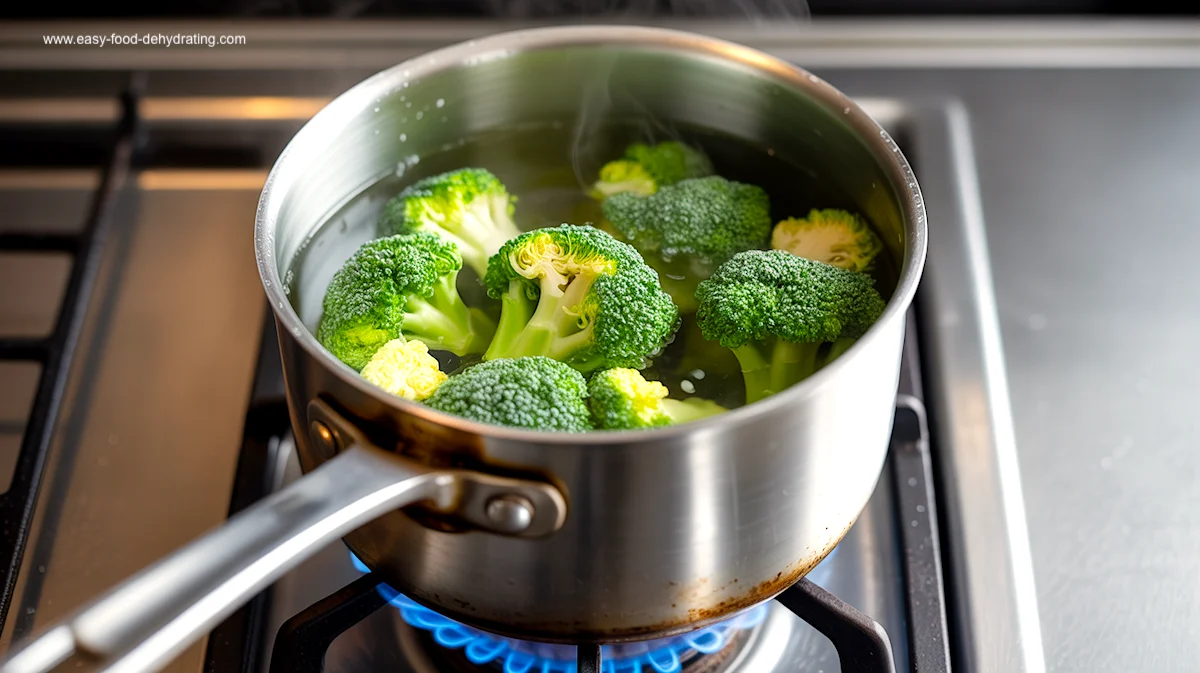 Broccoli florets being blanched in boiling water Fresh broccoli florets being blanched briefly in a pot of boiling water on the stove