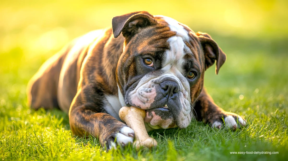 Bulldog enjoying a treat—healthy dehydrated dog food option Bulldog chewing on a bone outdoors, symbolizing the appeal of dehydrated dog food
