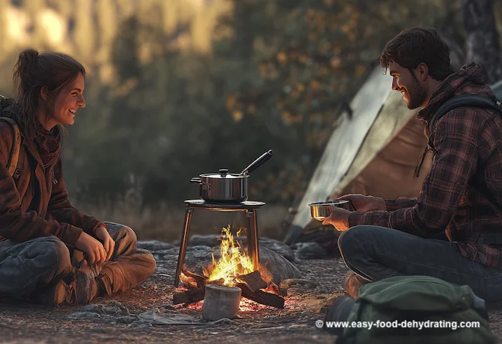 Campers heating food in saucepan