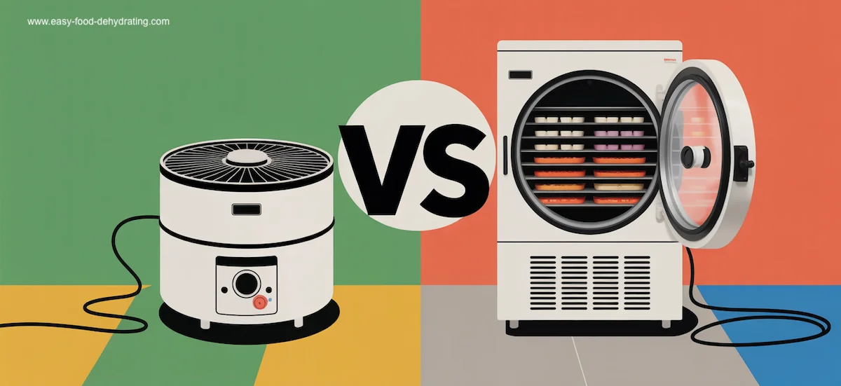 Food Dehydrator vs Freeze Dryer — Why Dehydrators Can’t Freeze-Dry Candy Food dehydrator next to an open freeze dryer with a “VS” badge—shows why dehydrators can’t freeze-dry candy.