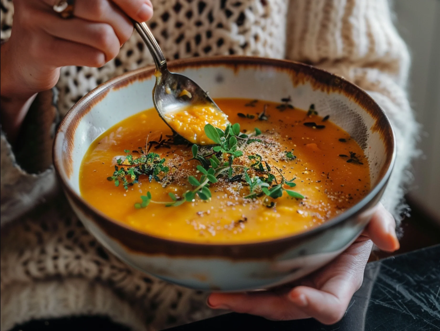 person eating a bowl of carrot soup