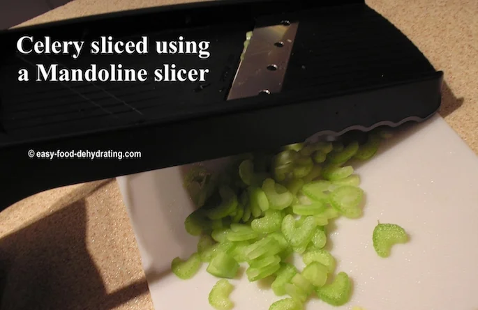 Celery sliced on a Mandoline slicer. Be careful, they're sharp. Celery sliced on a Mandoline slicer