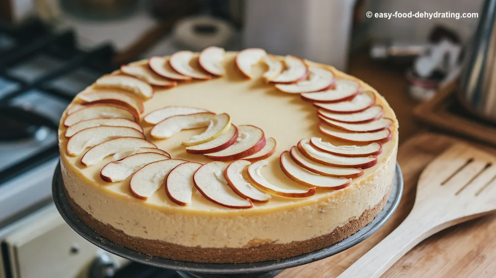 Cheesecake with dried apple slices to add texture Cheesecake with dried apple slices