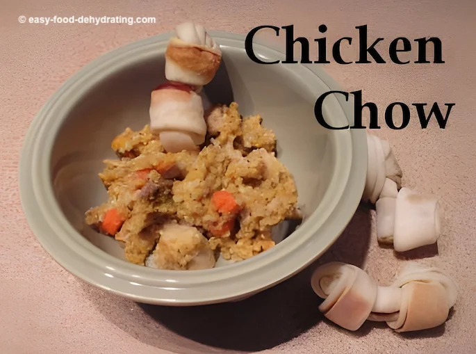 Chicken Chow is ready for your dog to devour! Chicken Chow in a green dog bowl with chews