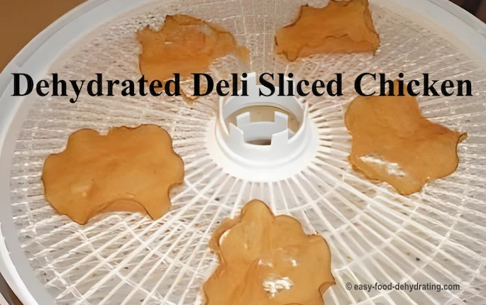 Pre-cooked sliced chicken deli slices on Nesco dehydrator tray after dehydrating Pre-cooked sliced chicken deli slices on Nesco dehydrator tray