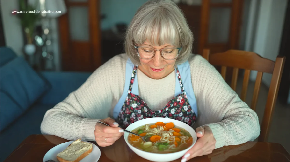 Homemade Chicken Noodle Soup – A Comfort Food Classic Woman enjoying a cozy bowl of homemade chicken noodle soup with carrots, noodles, and vegetables.
