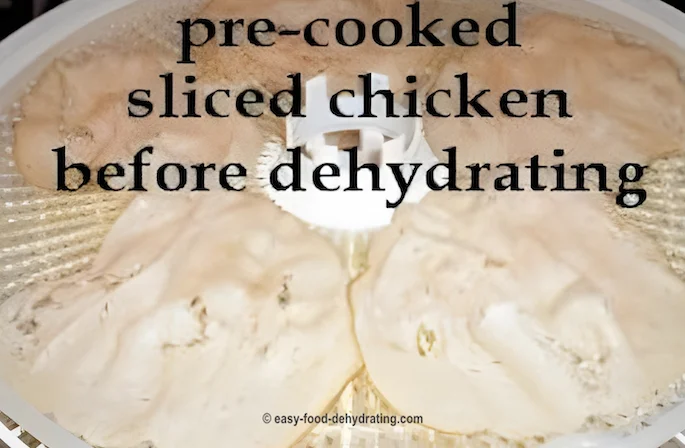 Pre-cooked sliced chicken deli slices on Nesco dehydrator tray before dehydrating Pre-cooked sliced chicken deli slices on Nesco dehydrator tray before dehydrating