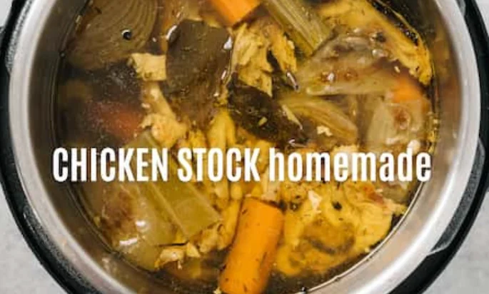 Homemade Chicken Stock! But when you don't have time, use Better Than Bouillon stock! Homemade chicken stock shown in a pressure cooker