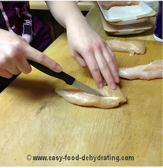Carefully Slicing Chicken for Pet Jerky Jenna is carefully slicing chicken for pet jerky