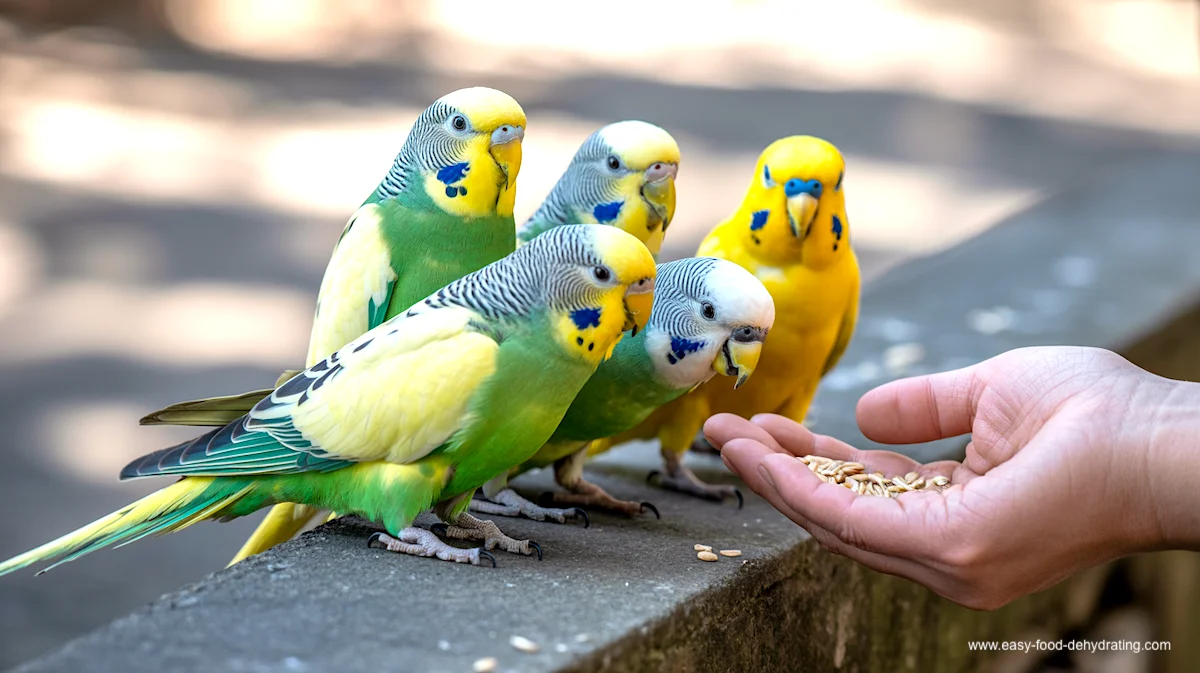 Budgerigars happily eating seeds from a hand Group of colorful budgerigars eating seeds from a person’s hand