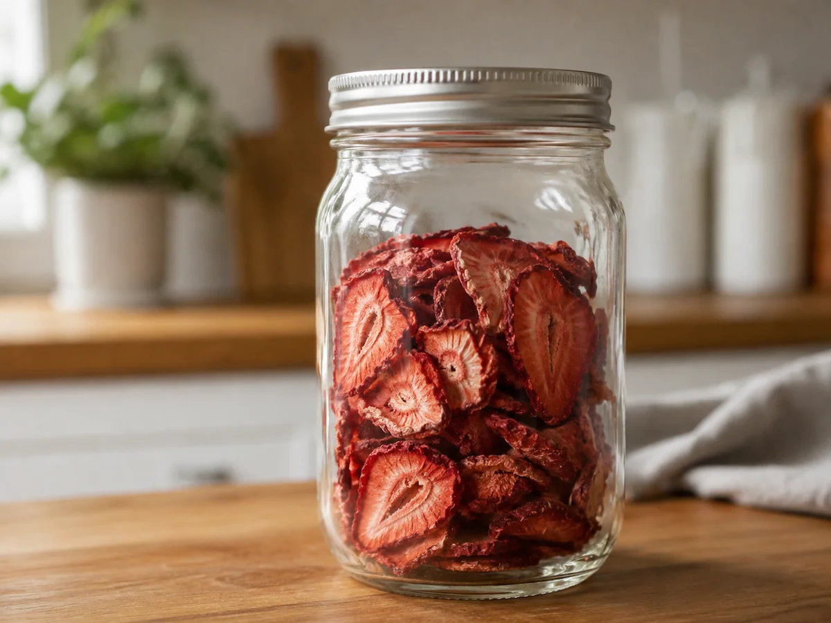Conditioning Dried Strawberries in a Mason Jar Dried strawberry slices loosely packed in a clear Mason jar for the 7–10-day conditioning period.