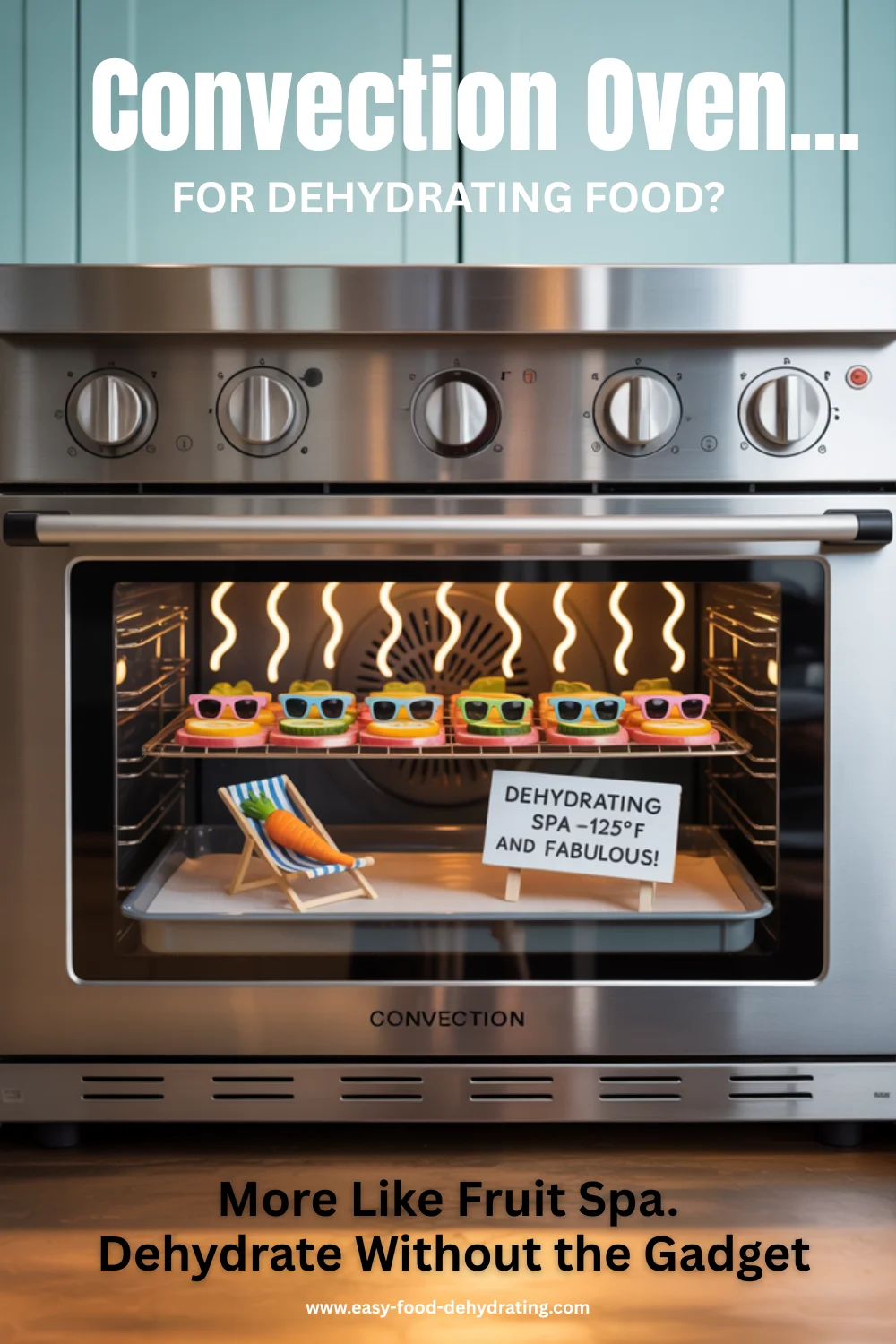 Convection oven with colorful fruit slices wearing sunglasses inside, labeled as a dehydrating spa at 125°F, playful fruit spa theme.