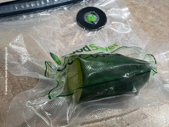Soggy Cucumber in a FoodSaver Reusable Bag – Not Recommended for Vacuum Sealing! Soggy cucumber sealed inside a FoodSaver reusable vacuum bag – a not-so-great test result for high-moisture foods.
