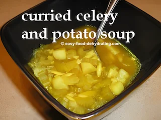 Curried Celery and Potato soup in a square bowl