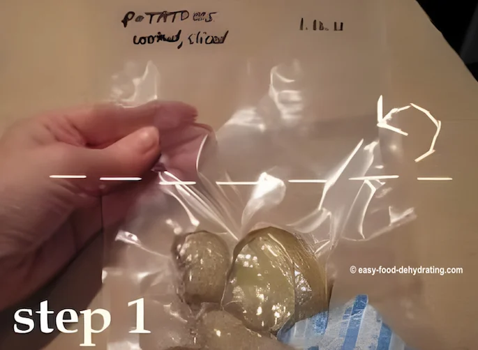A homemade food vacuum sealer bag with dehydrated potatoes in it.