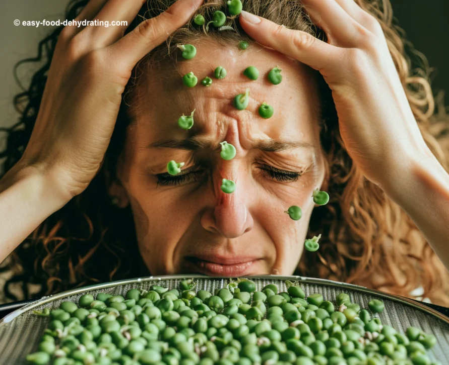 Frustrated female trying to smooth frozen peas on her dehydrator tray... End frozen pea frustration with this tip! Frustrated female trying to smooth frozen peas on her dehydrator tray