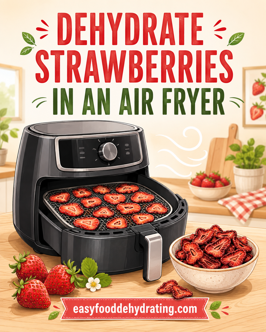 How to Dehydrate Strawberries in an Air Fryer Illustration of sliced strawberries dehydrating in an air fryer beside a bowl of dried strawberries