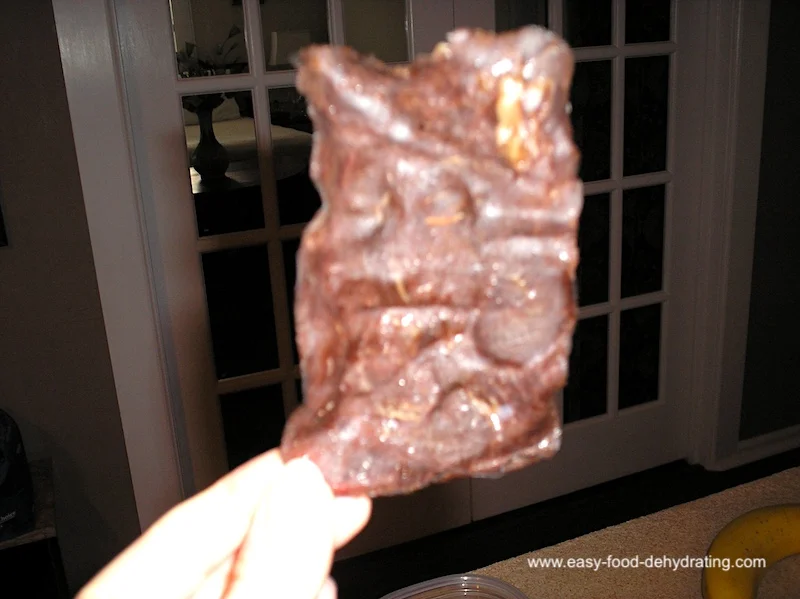 Close-up of a piece of dehydrated beef jerky held upright.