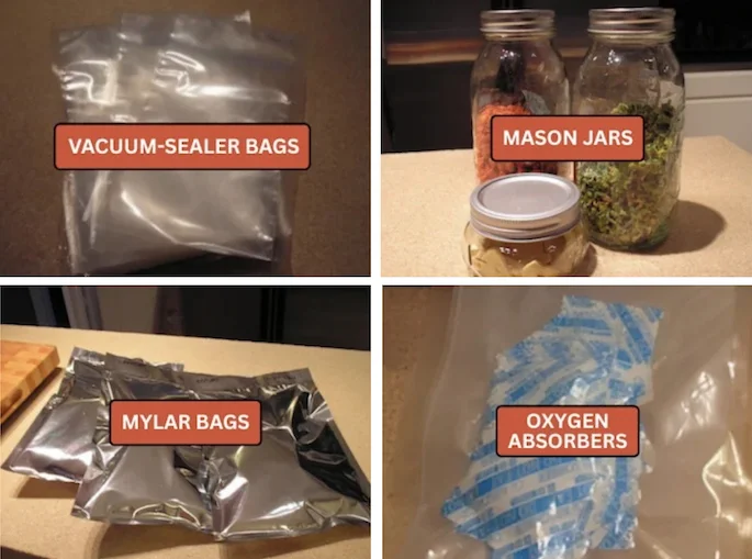 Dehydrated Food Storage Methods: Mason Jars, Mylar Bags, Vacuum-Sealer Bags & Oxygen Absorbers Collage of vacuum-sealer bags, mason jars, Mylar bags, and oxygen absorbers for storing dehydrated food