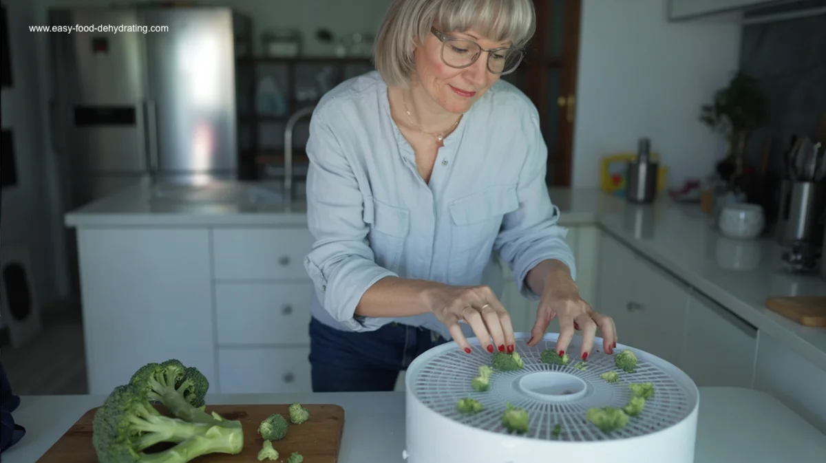 How to Dehydrate Broccoli at Home Woman placing fresh broccoli florets on a food dehydrator tray in a bright kitchen