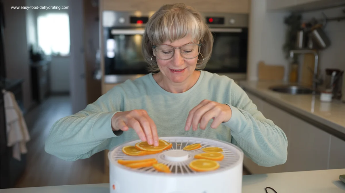 Dehydrating citrus slices in a food dehydrator Woman arranging fresh citrus slices on a food dehydrator tray in a kitchen.