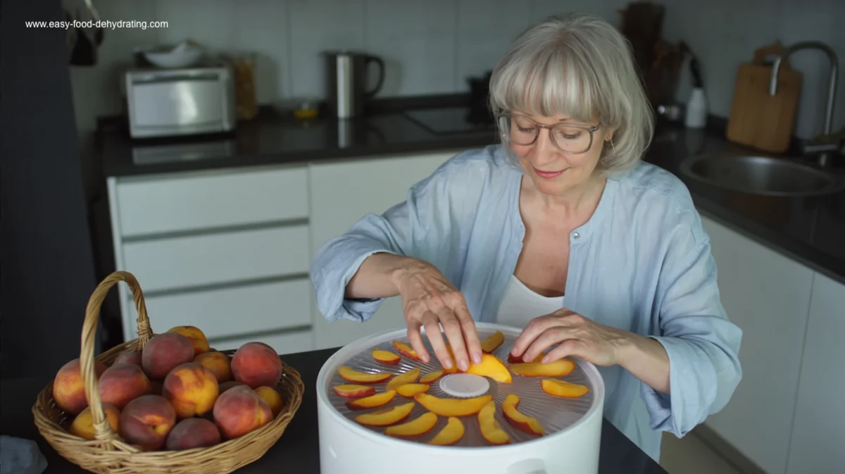 Dehydrating Peaches at Home with a White Food Dehydrator Woman arranging fresh peach slices on trays of a round white food dehydrator beside a basket of ripe peaches in a modern kitchen.
