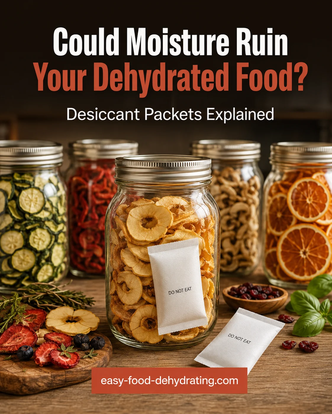 Desiccant packets beside jars of colorful dehydrated foods