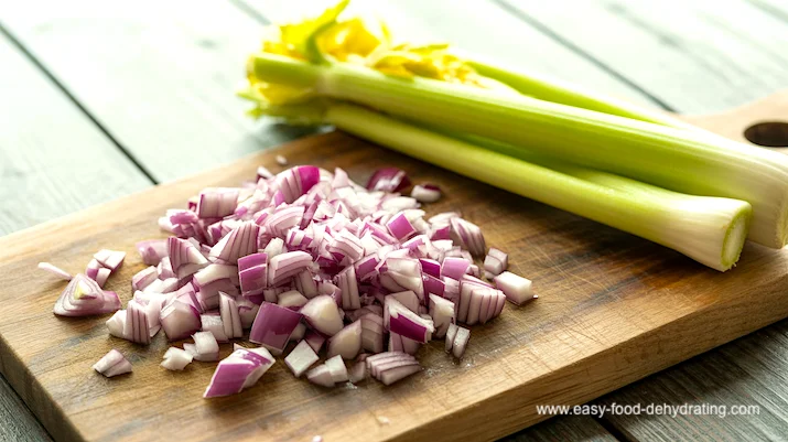 Diced red onion and celery on a cutting board Finely diced red onion on a wooden cutting board with fresh celery stalks in the background