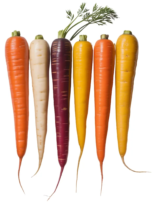 Assorted colorful carrots in a row, including orange, white, purple, yellow, and red varieties, on a white background.
