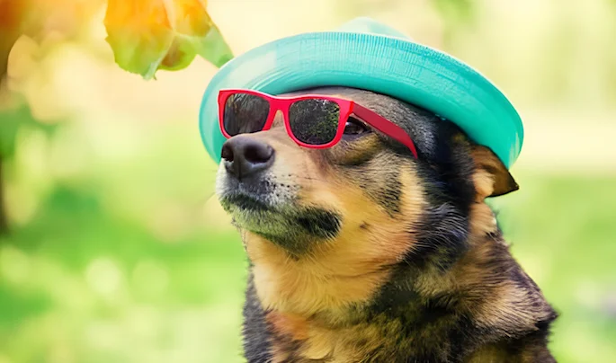 Dog wearing a hat and sunglasses